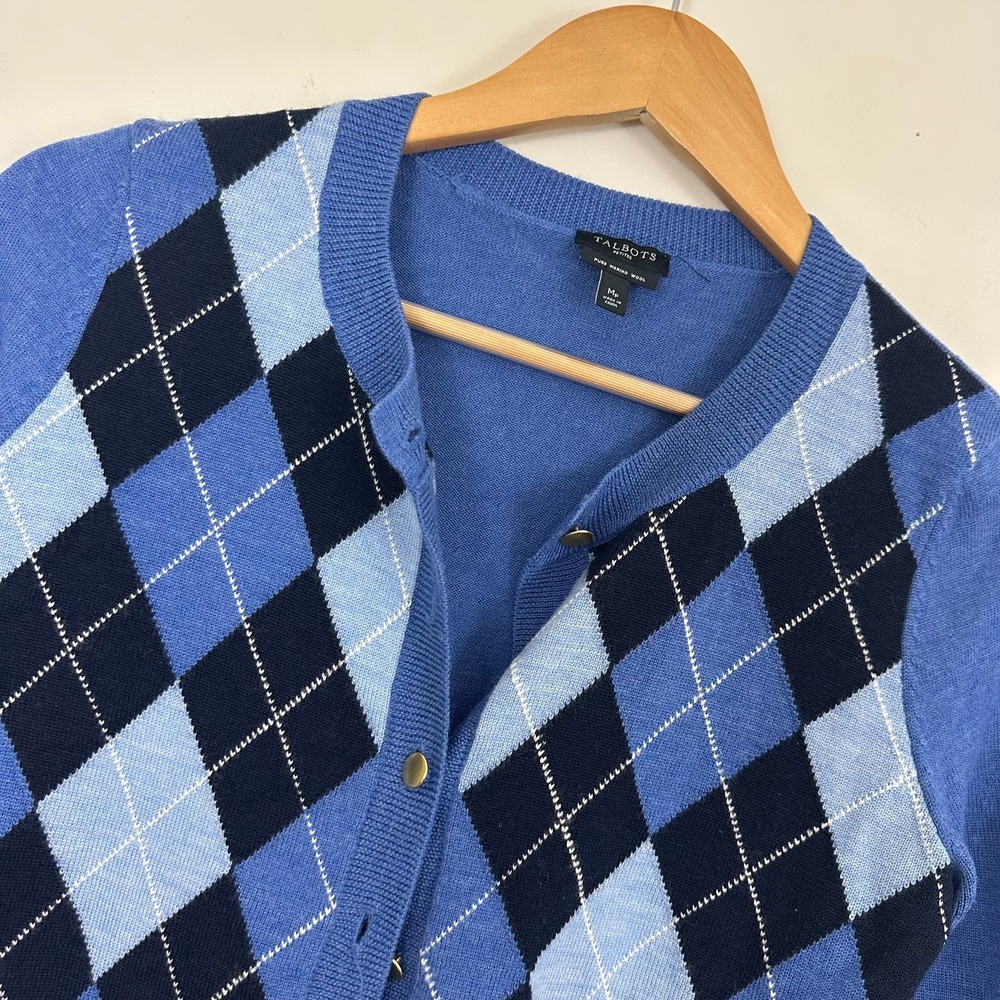 Talbots Cardigan Academia Sweater Blue Argyle Diamond Wool Button Front M P
